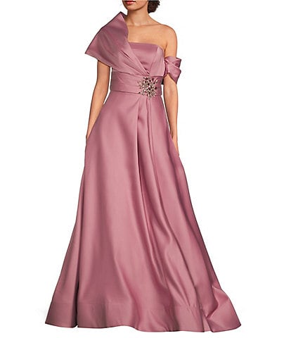 Terani Couture Satin One-Shoulder Neck Sleeveless Beaded Applique A-Line Ball Gown