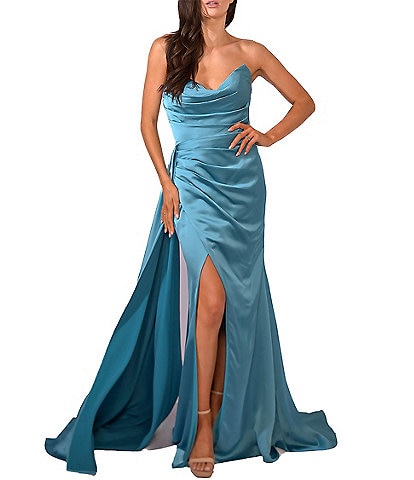 Terani Couture Satin Strapless Sleeveless Front Slit Mermaid Gown