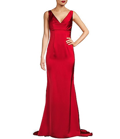 Terani Couture Satin V-Neck Sleeveless V-Back Sheath Gown