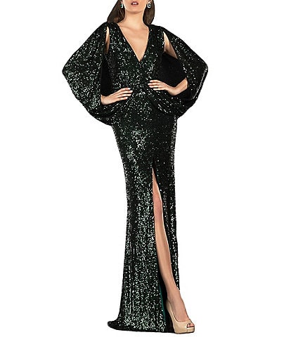 Terani Couture Sequin Deep V-Neck 3/4 Drape Sleeve Front Slit Gown