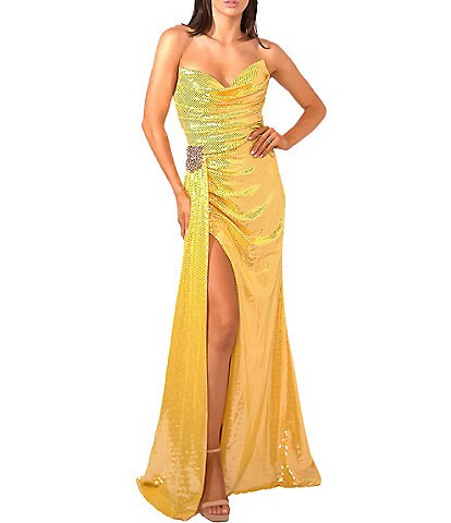 Terani Couture Sequin Strapless Side Slit Draped Sash Gown