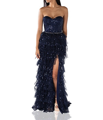 Terani Couture Sequin Tulle Strapless Sleeveless Tiered A-Line Maxi Dress