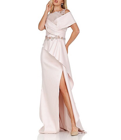 Terani Couture Short Cold Shoulder Sleeve Beaded Waist Cascading Ruffled Gown
