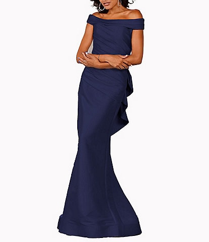 Terani Couture Off-the-Shoulder Mikado Draped Ruched Bow Back Mermaid Gown