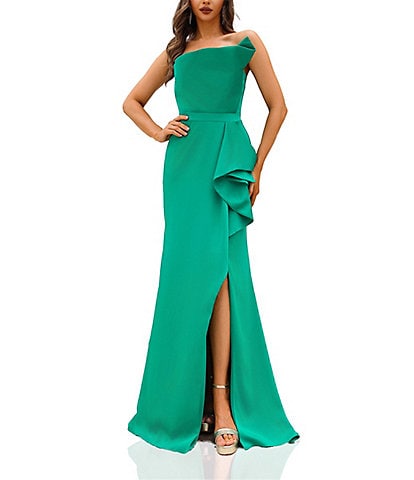 Terani Couture Strapless 3D Ruffle Front Slit Crepe Sheath Gown
