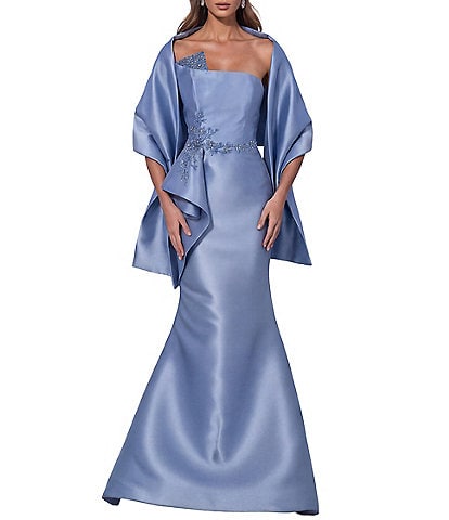 Terani Couture Strapless Beaded Mikado Gown With Shawl