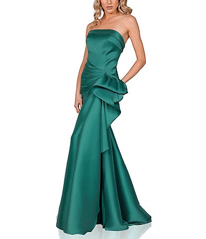 Glamour by Terani Couture Strapless Cuffed Neckline Mikado Gathered Side Slit Hem Trumpet Gown