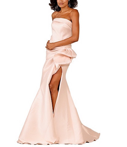 Glamour by Terani Couture Strapless Cuffed Neckline Mikado Gathered Side Slit Hem Trumpet Gown