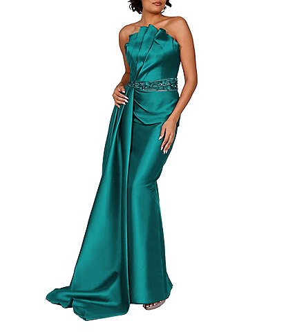 Terani Couture Strapless Pleated Bodice Cascading Drape Beaded Waist Gown