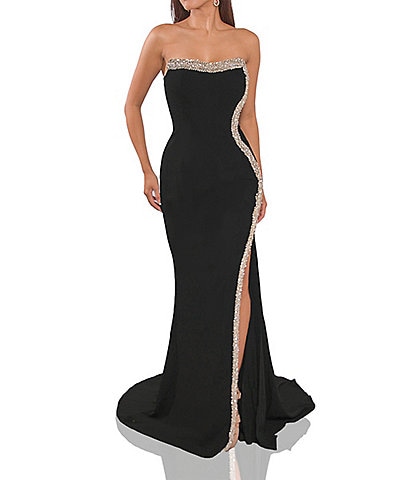 Terani Couture Strapless Sleeveless Cascading Beaded Trim Mermaid Gown
