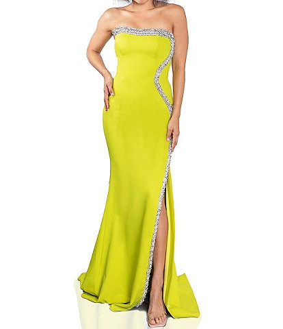Terani Couture Strapless Sleeveless Cascading Beaded Trim Mermaid Gown