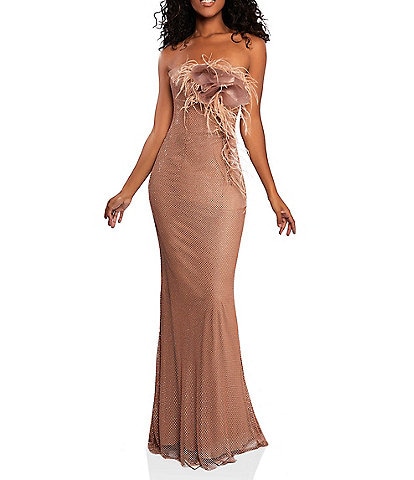 Terani Couture Strapless Sleeveless Feather Embellished Mermaid Gown