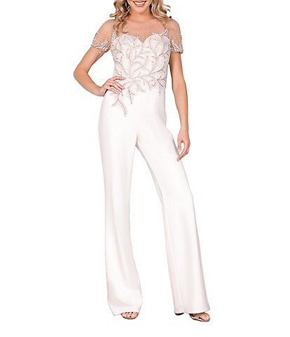 Terani Couture Stretch Beaded Illusion Crew Neck Short Sleeve Jumpsuit