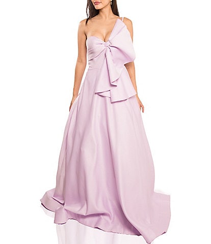 Terani Couture Stretch Matte Satin One Shoulder Sleeveless Bow Front Gown