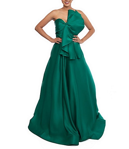 Terani Couture Stretch Matte Satin One Shoulder Sleeveless Bow Front Gown