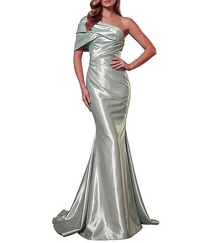 Terani Couture Stretch Satin Asymmetrical One Shoulder Mermaid Gown