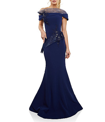 Terani Couture Stretch Satin Off-the-Shoulder Cap Sleeve Sash Gown