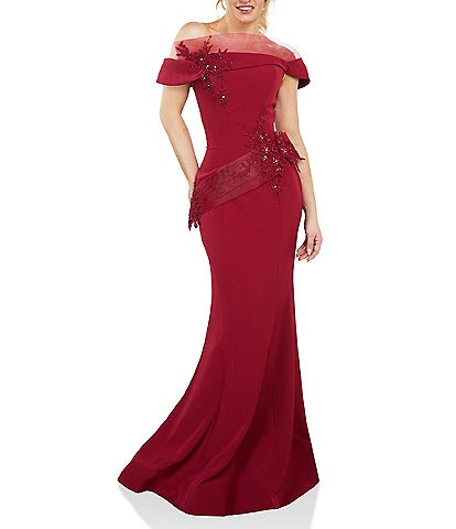 Terani Couture Stretch Satin Off-the-Shoulder Cap Sleeve Sash Gown