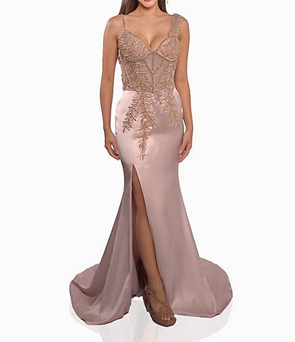 Terani Couture Sweetheart Neck Beaded Corset Satin Gown