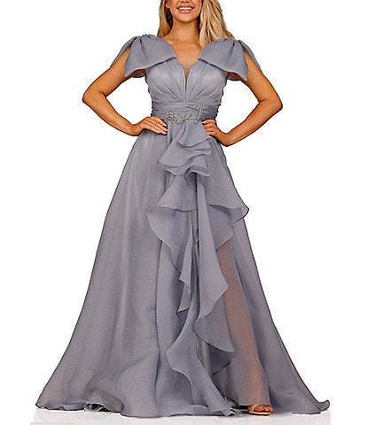 Terani Couture Sweetheart Neck Short Sleeve Cascading Ruffle Front Ball Gown