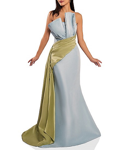 Terani Couture Taffeta Strapless Asymmetrical Bodice Two-Tone Drape Mermaid Dress