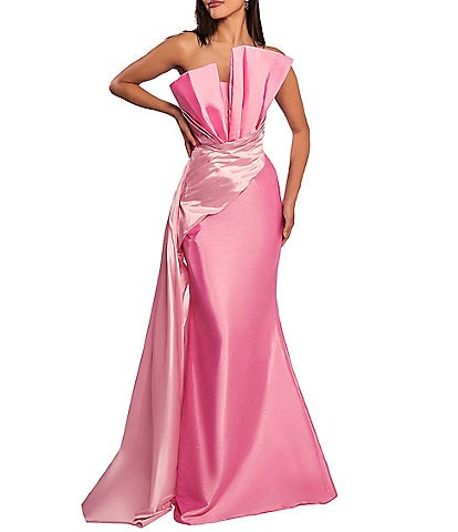 Terani Couture Taffeta Strapless Asymmetrical Bodice Two-Tone Drape Mermaid Dress