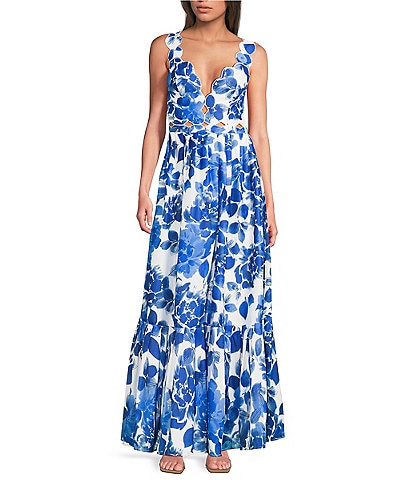 Terani Couture V-Neck Cutout Pleated Floral Print Maxi Dress