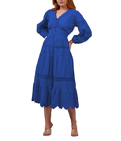 Terani Couture V-Neck Long Sleeve Button Front Eyelet Trim Midi Dress