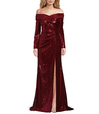 Terani Couture Velvet Sequin Off-The-Shoulder Long Sleeve High Slit Sheath Gown