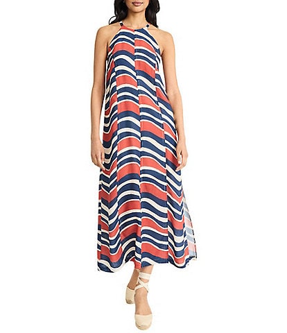 The Good Journey Bold Stripe Balboa Linen Halter Neck Caftan Maxi Dress