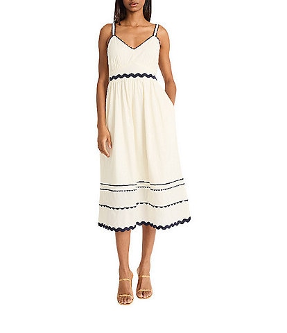The Good Journey Cotton Voile V-Neck Contrast Trim A-Line Midi Dress