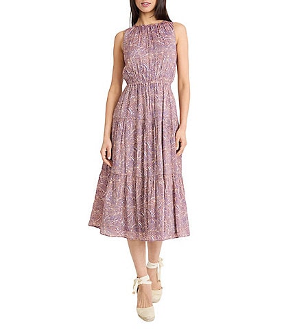 The Good Journey Crew Neck Sleeveless Tiered Hem Printed Gauze A-Line Midi Dress