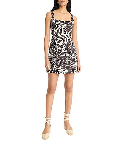 The Good Journey Floral Print Linen Blend Square Neck Sheath Mini Dress