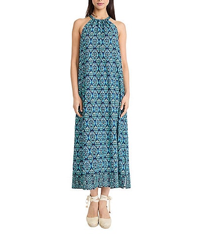The Good Journey Halter Tie Neck Printed Crepe De Chine Maxi Dress