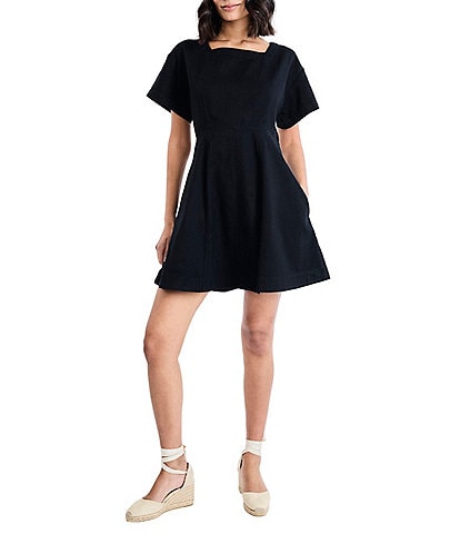 The Good Journey Harper Twill Square Neck Short Sleeve A-Line Mini Dress