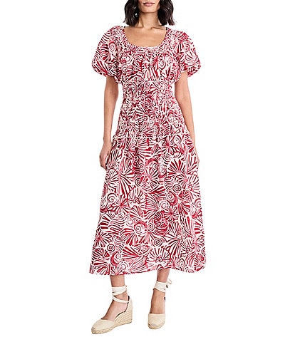 The Good Journey Linen Blend Printed Square Neck Puff Sleeve A-Line Midi Dress