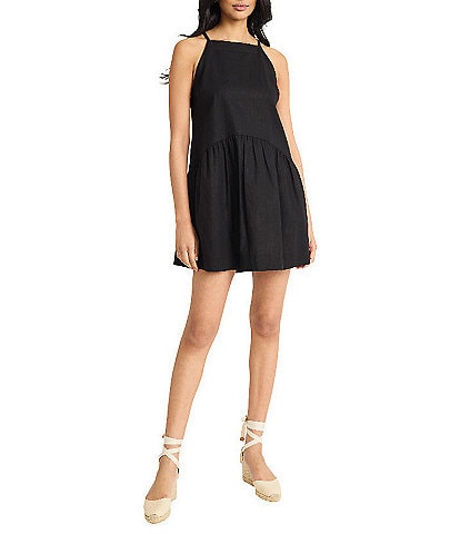 The Good Journey Linen Blend Square Neck Tiered Dropped Waist Mini Dress