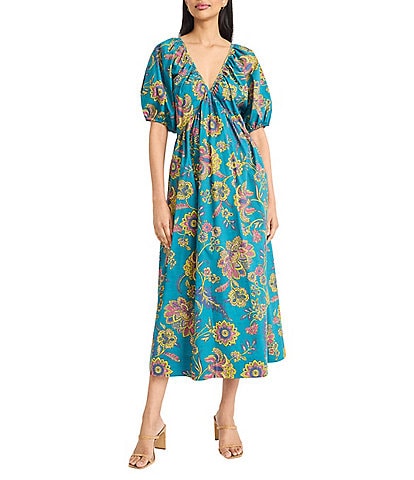 The Good Journey Midi Double V Back Puff Sleeve Floral Print Cotton Poplin A-Line Midi Dress