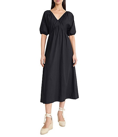 The Good Journey Midi Double V Neck Puff Sleeve Tie Back Aline Cotton Poplin Midi Dress