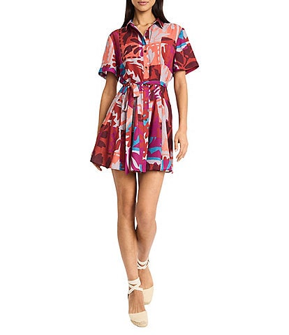 The Good Journey Point Collar Short Sleeve Abstract Tropical Print Challis Shirt Dress