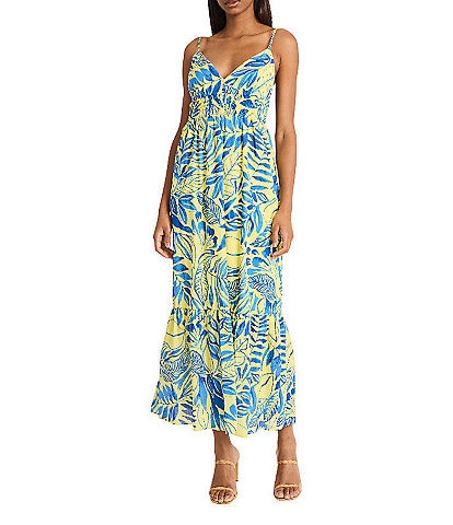 The Good Journey Printed Cotton Voile V-Neck Spaghetti Straps A-Line Midi Dress