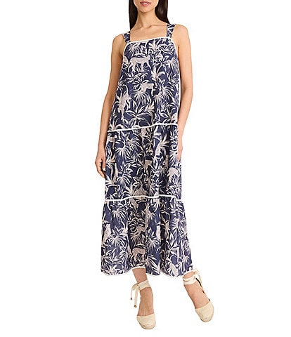 The Good Journey Linen Blend Tropical Print Square Neck Sleeveless Maxi Sheath Dress