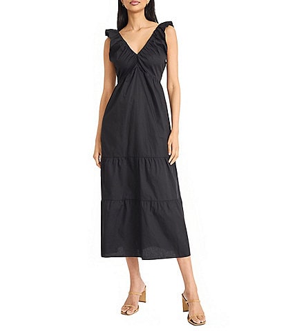 The Good Journey Ruffle V-Neck Smocked Back Tiered Cotton Poplin Midi Dress