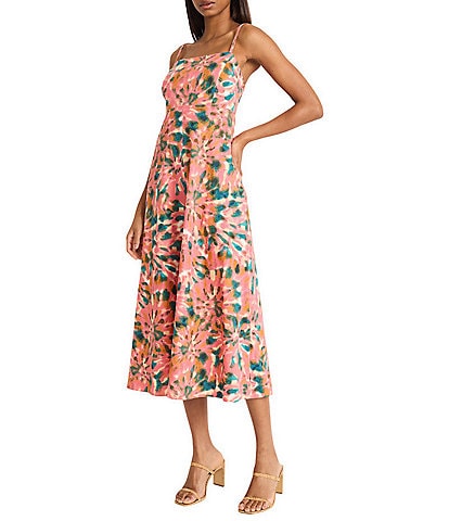 The Good Journey Tie Dye Cotton Poplin Square Neck Smocked A-Line Midi Dress