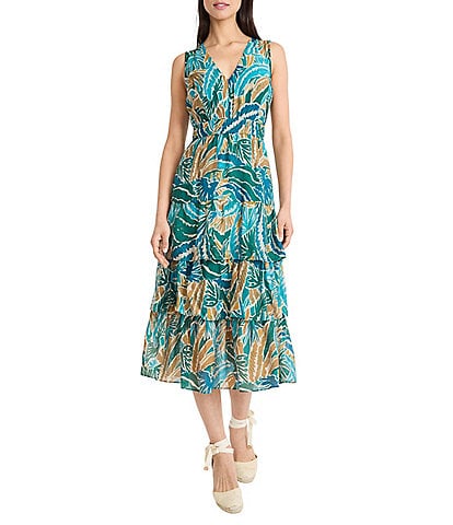 The Good Journey V-Neck Sleeveless Abstract Tropical Print Voile Tiered Voile A-Line Midi Dress
