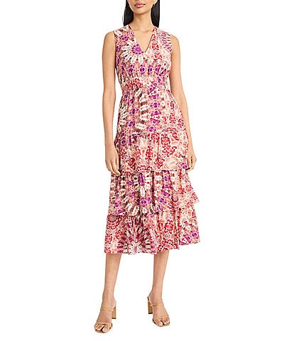 The Good Journey V-Neck Sleeveless Printed Gauze Tiered Ruffle Midi Dress