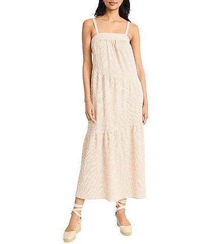 The Good Journey Woven Stripe Square Neck Asymmetrical Tiered Shift Midi Dress