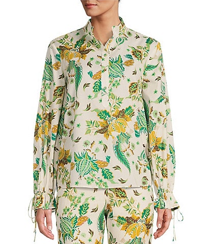 Antonio Melani x The Nat Note Ivy Paisley Floral Print Voile Tied Sleeve Stand Collar Coordinating Blouse