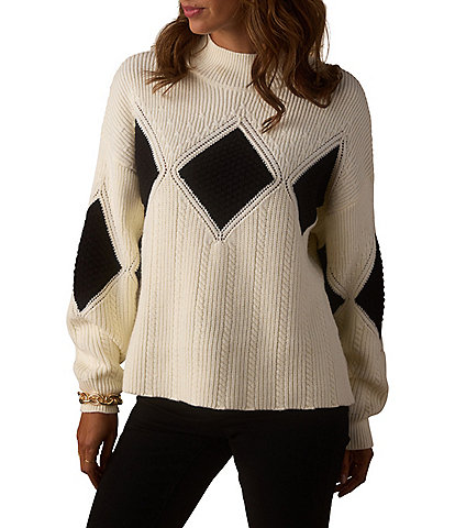 The Normal Brand Celeste Argyle Pattern Merino Wool Blend Mock Neck Dropped Shoulder Knit Sweater