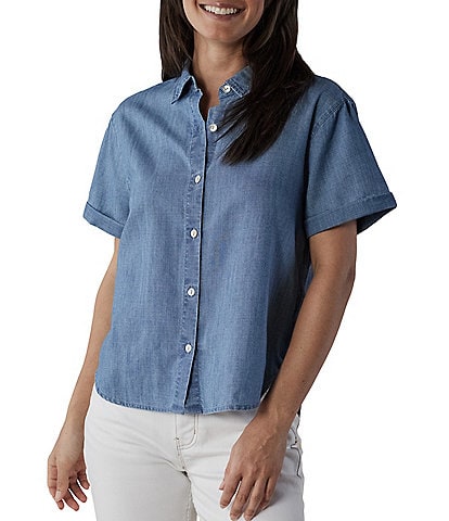 The Normal Brand Chambray Rosie Collared Neckline Short Sleeve Top